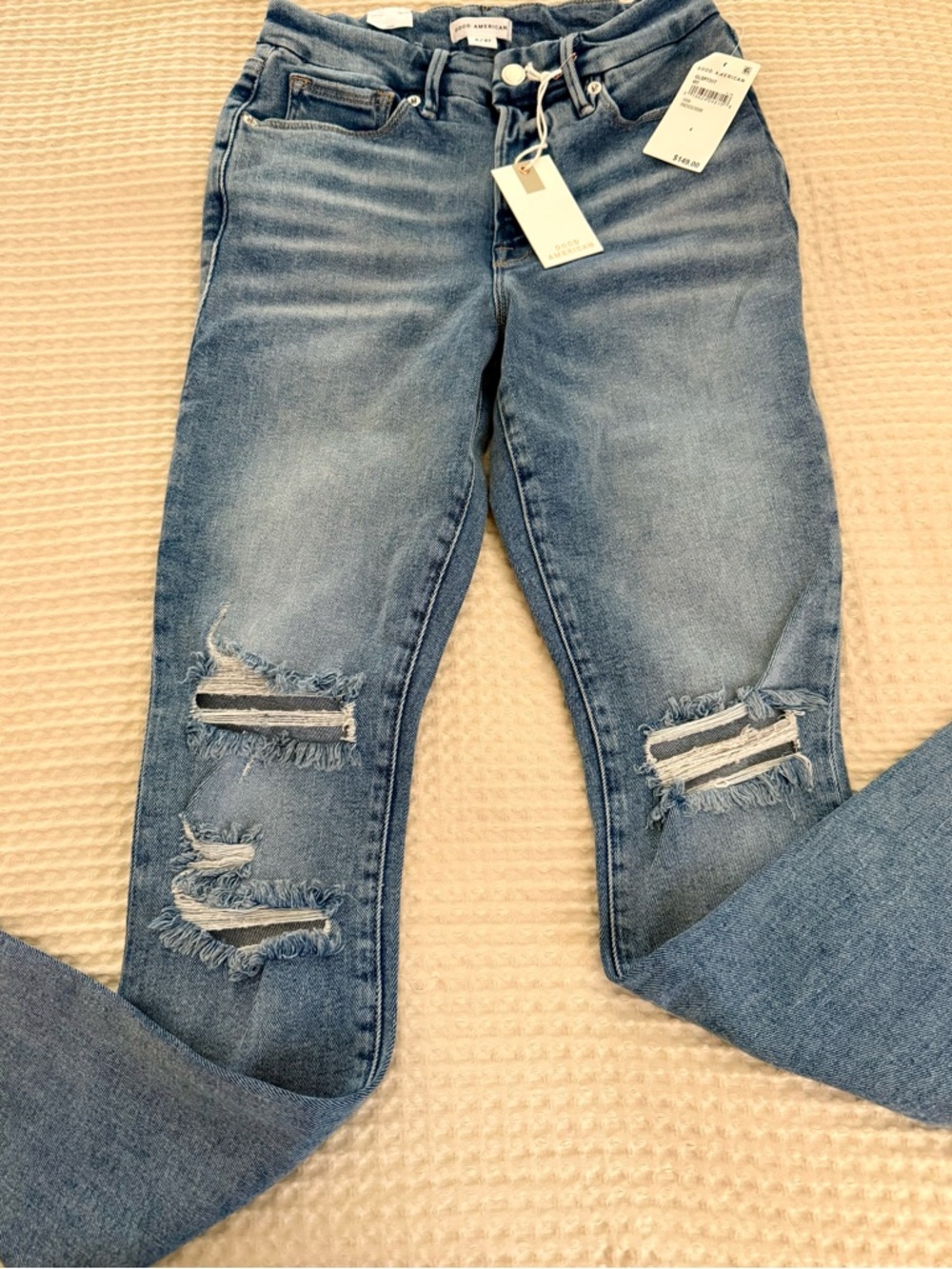 NWT Good American Light Blue Distressed Good Legs Jeans